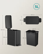 SONGMICS Cubo de Baño, Cubo Basura Pequeño de 5 L con Tapa, Cubo de Inodoro con Pedal, Delgada para Espacios Pequeños, Acero, Cierre Suave, Negro/Blanco/Plata