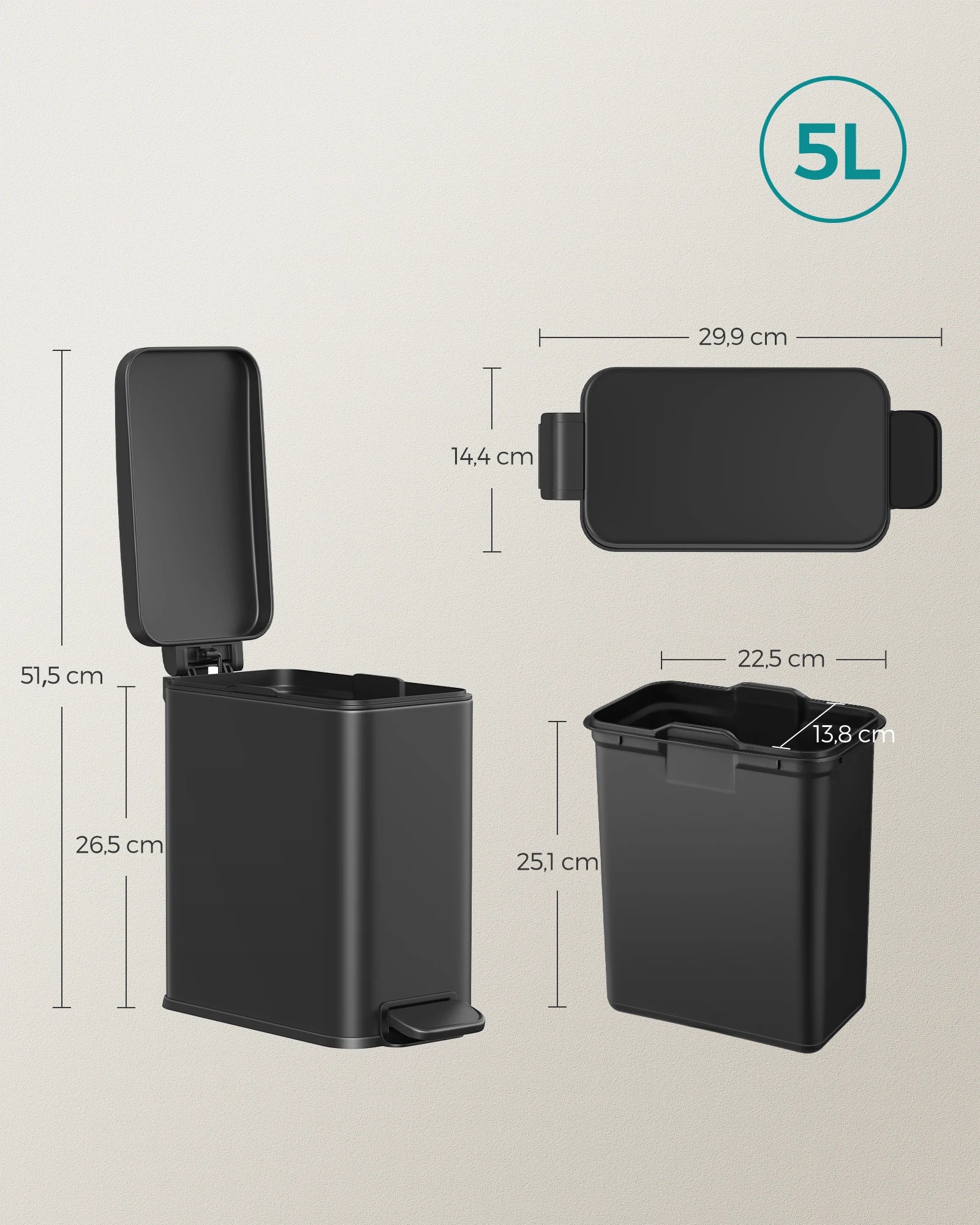 SONGMICS Cubo de Baño, Cubo Basura Pequeño de 5 L con Tapa, Cubo de Inodoro con Pedal, Delgada para Espacios Pequeños, Acero, Cierre Suave, Negro/Blanco/Plata