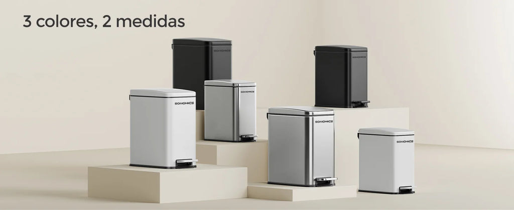 SONGMICS Cubo de Baño, Cubo Basura Pequeño de 5 L con Tapa, Cubo de Inodoro con Pedal, Delgada para Espacios Pequeños, Acero, Cierre Suave, Negro/Blanco/Plata