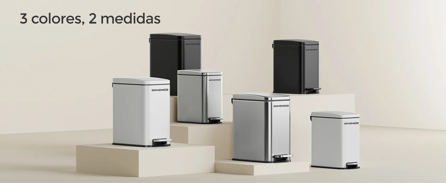 SONGMICS Cubo de Baño, Cubo Basura Pequeño de 5 L con Tapa, Cubo de Inodoro con Pedal, Delgada para Espacios Pequeños, Acero, Cierre Suave, Negro/Blanco/Plata