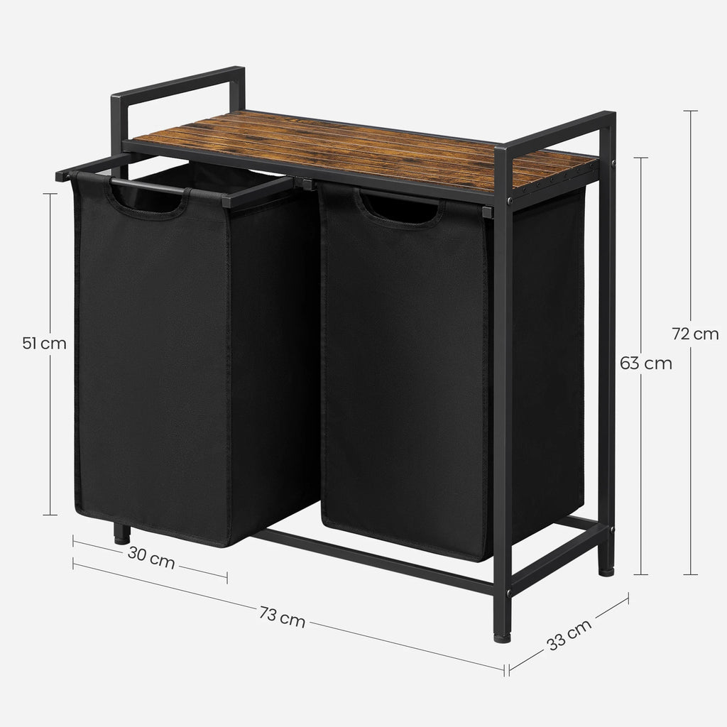VASAGLE Cesta para la ropa sucia, 2 compartimentos, con 2 bolsas de tela Oxford extraíbles, marco de metal, 2 x 46 litros, 73 x 33 x 72 cm, Marrón Rústico y Negro/Blanco y Gris Claro/Marrón Rústico y Gris/Negro Tinta Gri