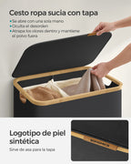 SONGMICS Cesto de Ropa Sucia con Tapa, Gran Cesta Colada de 2 Secciones, 130 L/65 L, Forro de Malla Extraíble, Tejido Oxford, Asas Bambú, Plegable, 52 x 38,5 x 70,5 cm/42 x 22,5 x 70,5 cm, Negro Tinta/Gris Paloma/Blanco Cre
