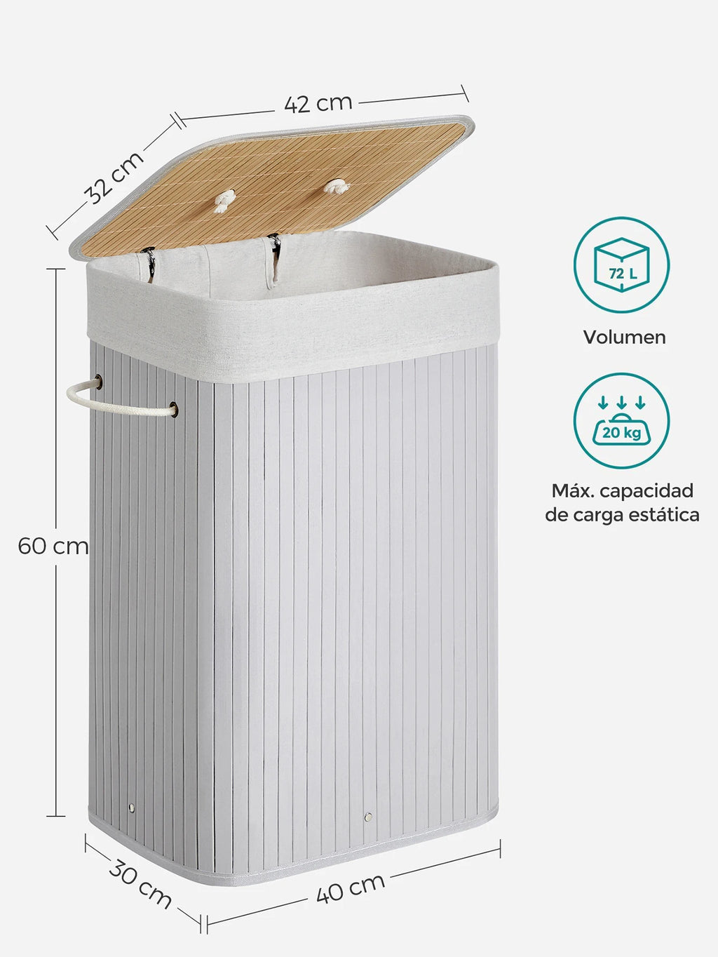 SONGMICS Cesto de la Ropa Sucia con Tapa, 72 L, Cesto de Lavandería de Bambú, Plegable, con Bolsa Lavable Extraíble, Asas, para Lavandería, Dormitorio, Gris/Natural/Negro/Blanco