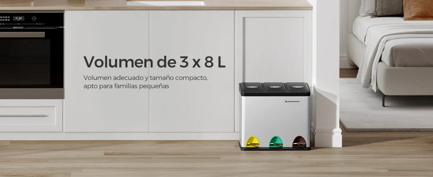SONGMICS - Papelera de cocina, 3 x 8 L, con tapas, basura triple de acero para pequeñas familias, pedales y cuartos, fácil de limpiar, Plata y Negro/Blanco Crema y Marrón/Blanco Crema y Marrón/Negro/Blanco y Gris