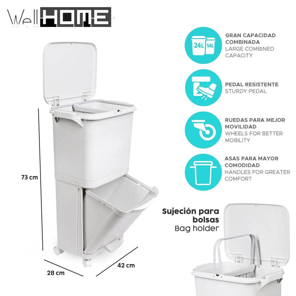 Papelera de reciclaje de clasificación selectiva con pedal, ruedas y asa de doble compartimentos de 38L (24L + 14L) o 42L (24L + 4L + 14L)