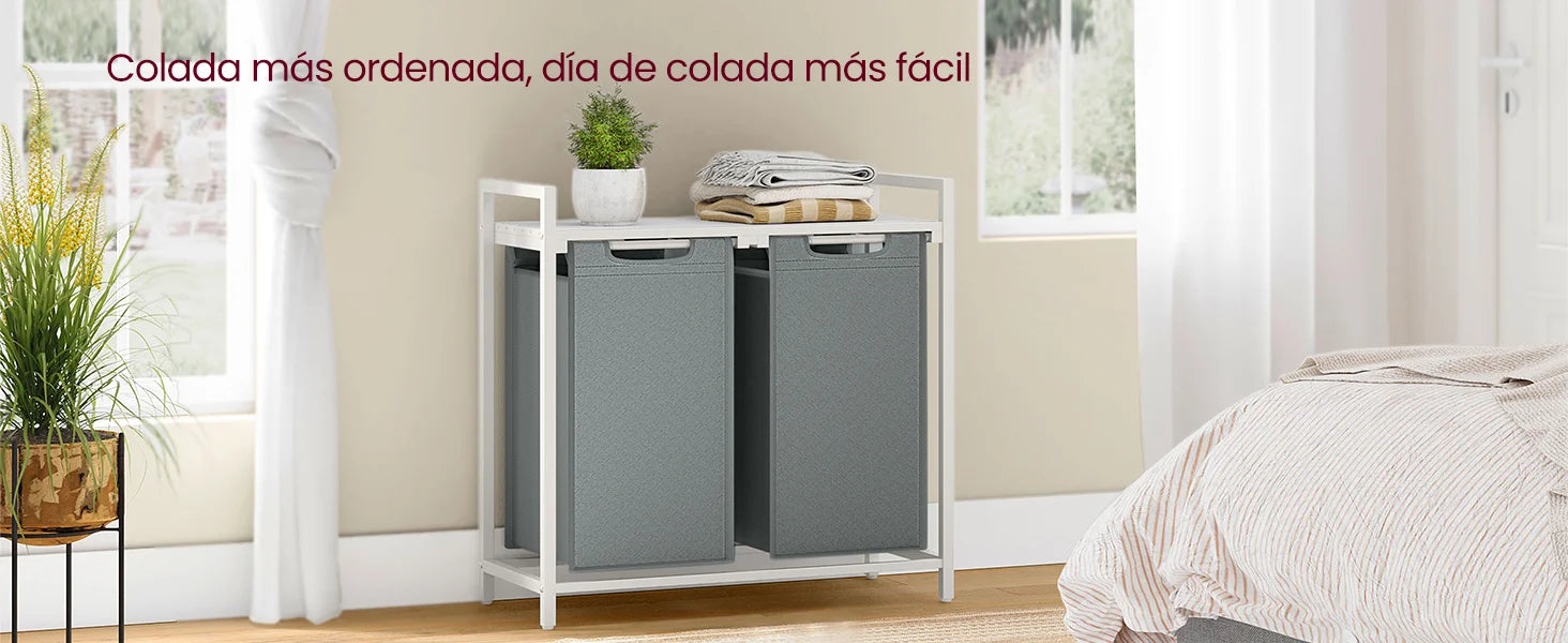 VASAGLE Cesta para la ropa sucia, 2 compartimentos, con 2 bolsas de tela Oxford extraíbles, marco de metal, 2 x 46 litros, 73 x 33 x 72 cm, Marrón Rústico y Negro/Blanco y Gris Claro/Marrón Rústico y Gris/Negro Tinta Gri