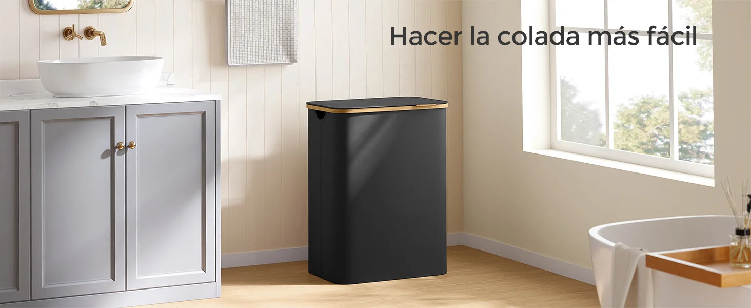 SONGMICS Cesto de Ropa Sucia con Tapa, Gran Cesta Colada de 2 Secciones, 130 L/65 L, Forro de Malla Extraíble, Tejido Oxford, Asas Bambú, Plegable, 52 x 38,5 x 70,5 cm/42 x 22,5 x 70,5 cm, Negro Tinta/Gris Paloma/Blanco Cre