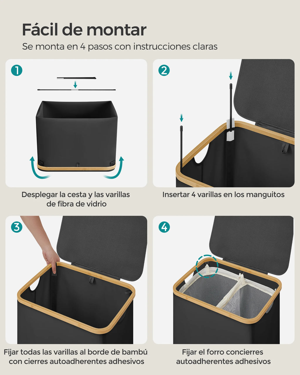 SONGMICS Cesto de Ropa Sucia con Tapa, Gran Cesta Colada de 2 Secciones, 130 L/65 L, Forro de Malla Extraíble, Tejido Oxford, Asas Bambú, Plegable, 52 x 38,5 x 70,5 cm/42 x 22,5 x 70,5 cm, Negro Tinta/Gris Paloma/Blanco Cre