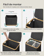 SONGMICS Cesto de Ropa Sucia con Tapa, Gran Cesta Colada de 2 Secciones, 130 L/65 L, Forro de Malla Extraíble, Tejido Oxford, Asas Bambú, Plegable, 52 x 38,5 x 70,5 cm/42 x 22,5 x 70,5 cm, Negro Tinta/Gris Paloma/Blanco Cre