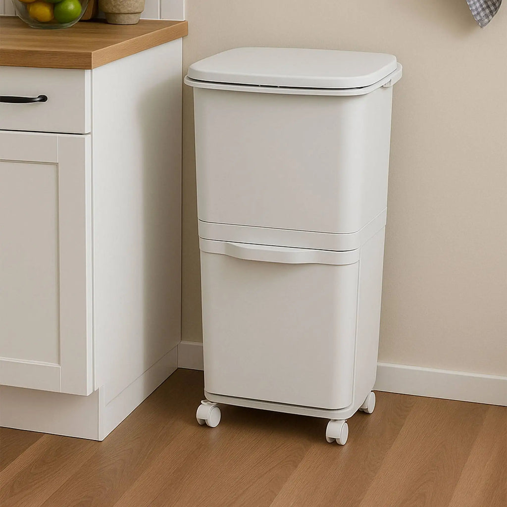Papelera de reciclaje de clasificación selectiva con pedal, ruedas y asa de doble compartimentos de 38L (24L + 14L) o 42L (24L + 4L + 14L)