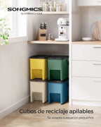 SONGMICS Cubo de Basura, Juego de 4 Cubos Apilables, 20 L Cada, Sistema de Separación Residuos, Tapas Apertura a Presión, con Pegatinas, Cubo de Almacenaje, Amarillo, Azul, Beige y Verde