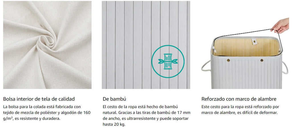 SONGMICS Cesto de la Ropa Sucia con Tapa, 72 L, Cesto de Lavandería de Bambú, Plegable, con Bolsa Lavable Extraíble, Asas, para Lavandería, Dormitorio, Gris/Natural/Negro/Blanco