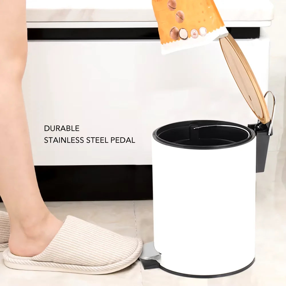 Cubo de basura Metal Con Tapa Bambú Caída Amortiguada 3 L, Papelera con pedal pequeño para Baño - Tendance