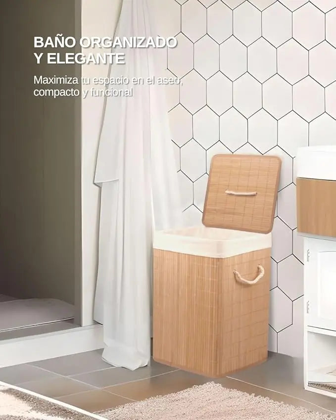 Cesto de Bambú con Tapa para la Ropa Sucia Compartimento Cubo Colada Lavanderia Plegable con Asa de Cuerda Cesta de Almacenamiento Organizador Cubierta Bolsa Extraíble Laundry Basket