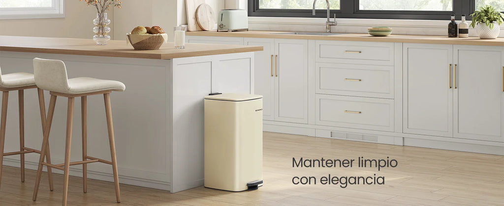 SONGMICS Cubo de Basura, Cubo de Basura de 20/30 L, Cubo de Basura de Cocina de Acero Inoxidable, con Cubo Interior, Cierre Suave y Permanece Abierto, Beige Arena/Negro Tinta/Plata Metálico/Azul Medianoche/Blanco Nube