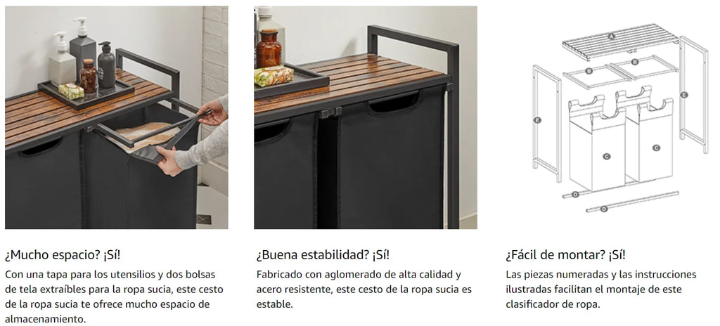 VASAGLE Cesta para la ropa sucia, 2 compartimentos, con 2 bolsas de tela Oxford extraíbles, marco de metal, 2 x 46 litros, 73 x 33 x 72 cm, Marrón Rústico y Negro/Blanco y Gris Claro/Marrón Rústico y Gris/Negro Tinta Gri