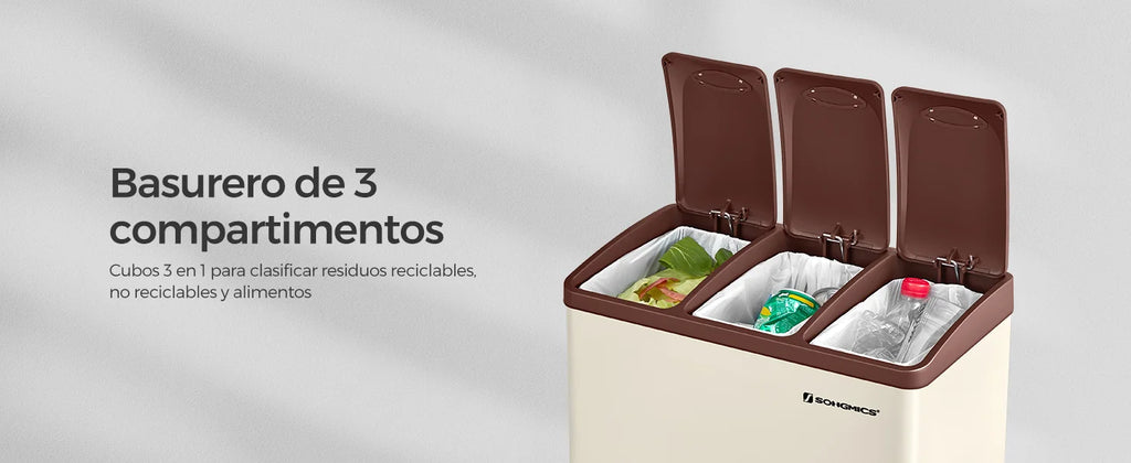 SONGMICS - Papelera de cocina, 3 x 8 L, con tapas, basura triple de acero para pequeñas familias, pedales y cuartos, fácil de limpiar, Plata y Negro/Blanco Crema y Marrón/Blanco Crema y Marrón/Negro/Blanco y Gris