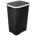Tradineur - Cesto para ropa sucia, incluye tapa y asas, pongotodo rattan de plástico, cubo para colada, imitación de mimbre, fabricado en España (Antracita con aro blanco, 60 litros, 62 x 43 x 34 cm)