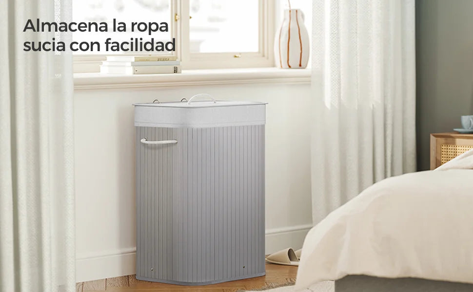 SONGMICS Cesto de la Ropa Sucia con Tapa, 72 L, Cesto de Lavandería de Bambú, Plegable, con Bolsa Lavable Extraíble, Asas, para Lavandería, Dormitorio, Gris/Natural/Negro/Blanco