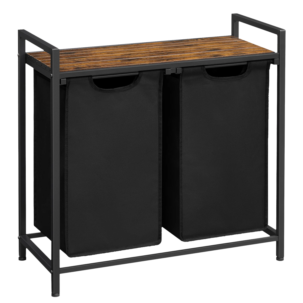 VASAGLE Cesta para la ropa sucia, 2 compartimentos, con 2 bolsas de tela Oxford extraíbles, marco de metal, 2 x 46 litros, 73 x 33 x 72 cm, Marrón Rústico y Negro/Blanco y Gris Claro/Marrón Rústico y Gris/Negro Tinta Gri