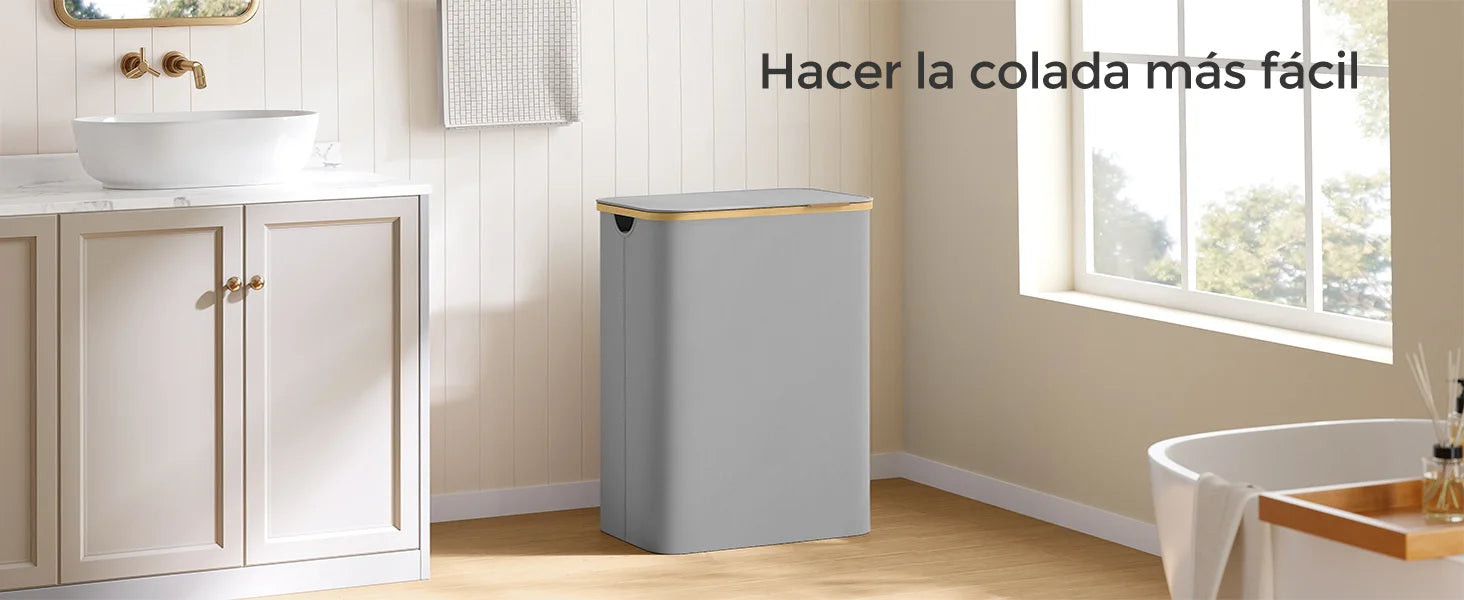 SONGMICS Cesto de Ropa Sucia con Tapa, Gran Cesta Colada de 2 Secciones, 130 L/65 L, Forro de Malla Extraíble, Tejido Oxford, Asas Bambú, Plegable, 52 x 38,5 x 70,5 cm/42 x 22,5 x 70,5 cm, Negro Tinta/Gris Paloma/Blanco Cre