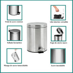 Papelera baño metal plateada, cubo de basura de 3L, 5L, 7L y 12L con pedal de acero inoxidable, papelera moderna de metal para baño con cubo interior de plástico.