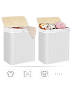 SONGMICS Cesta de lavandería con tapa, 2 compartimentos, de bambú, con bolsa extraíble lavable, bolsa extraíble, asas de algodón, 100 l, para colada, dormitorio, Blanco/Gris/Natural/Negro