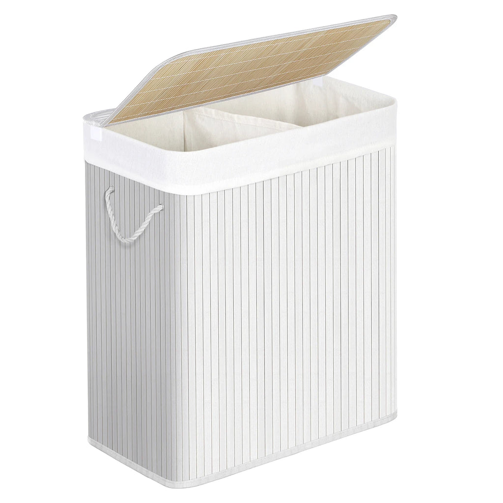 SONGMICS Cesta de lavandería con tapa, 2 compartimentos, de bambú, con bolsa extraíble lavable, bolsa extraíble, asas de algodón, 100 l, para colada, dormitorio, Blanco/Gris/Natural/Negro
