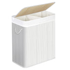 SONGMICS Cesta de lavandería con tapa, 2 compartimentos, de bambú, con bolsa extraíble lavable, bolsa extraíble, asas de algodón, 100 l, para colada, dormitorio, Blanco/Gris/Natural/Negro
