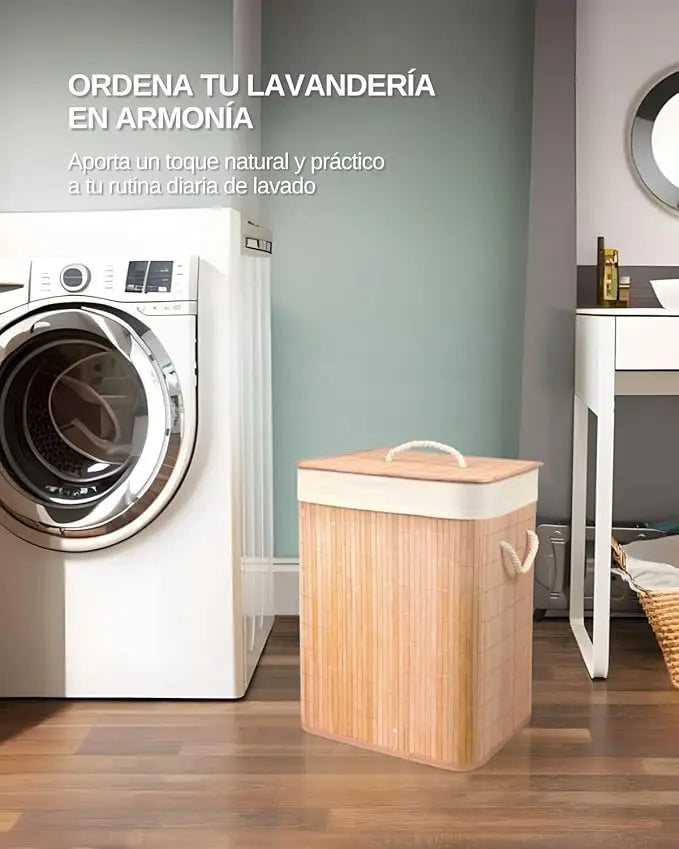Cesto de Bambú con Tapa para la Ropa Sucia Compartimento Cubo Colada Lavanderia Plegable con Asa de Cuerda Cesta de Almacenamiento Organizador Cubierta Bolsa Extraíble Laundry Basket