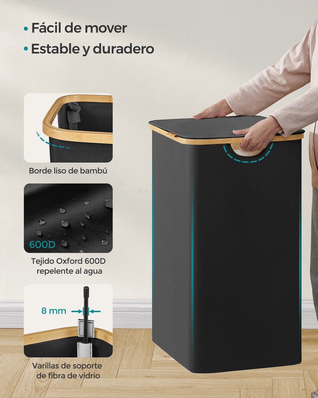 SONGMICS Cesto de Ropa Sucia con Tapa, Gran Cesta Colada de 2 Secciones, 130 L/65 L, Forro de Malla Extraíble, Tejido Oxford, Asas Bambú, Plegable, 52 x 38,5 x 70,5 cm/42 x 22,5 x 70,5 cm, Negro Tinta/Gris Paloma/Blanco Cre