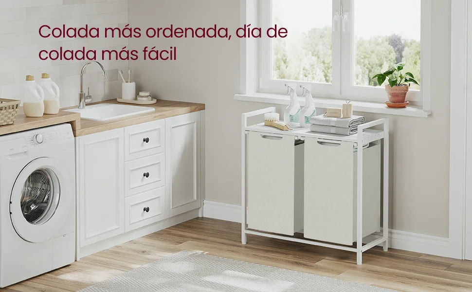 VASAGLE Cesta para la ropa sucia, 2 compartimentos, con 2 bolsas de tela Oxford extraíbles, marco de metal, 2 x 46 litros, 73 x 33 x 72 cm, Marrón Rústico y Negro/Blanco y Gris Claro/Marrón Rústico y Gris/Negro Tinta Gri