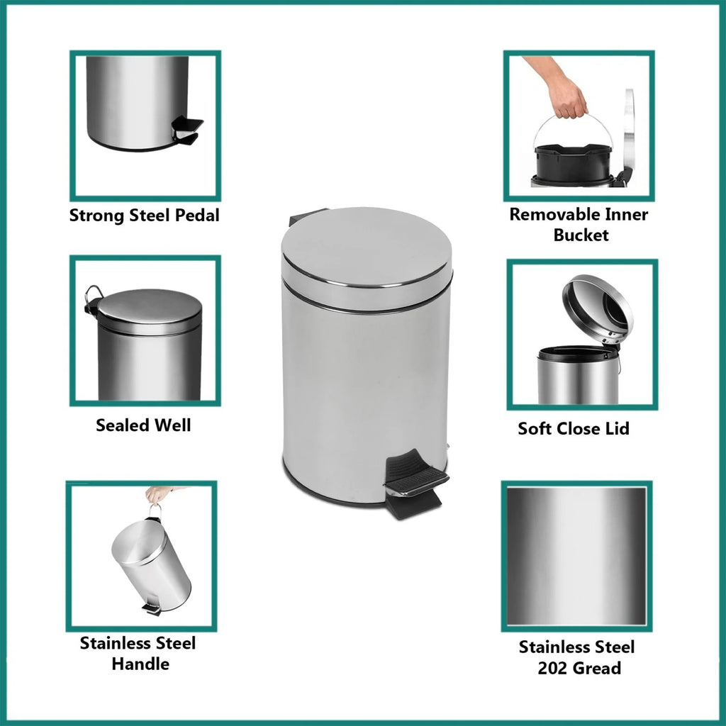 GREATOYAR Papelera Metal, Cubo de Basura con Pedal, Cubo de Basura de Acero Inocidable, Cubo de Basura con Reposapiés Antideslizante para Cocina, Baño, Oficina, 3 / 5 Litro