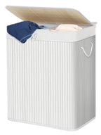 SONGMICS Cesta de lavandería con tapa, 2 compartimentos, de bambú, con bolsa extraíble lavable, bolsa extraíble, asas de algodón, 100 l, para colada, dormitorio, Blanco/Gris/Natural/Negro