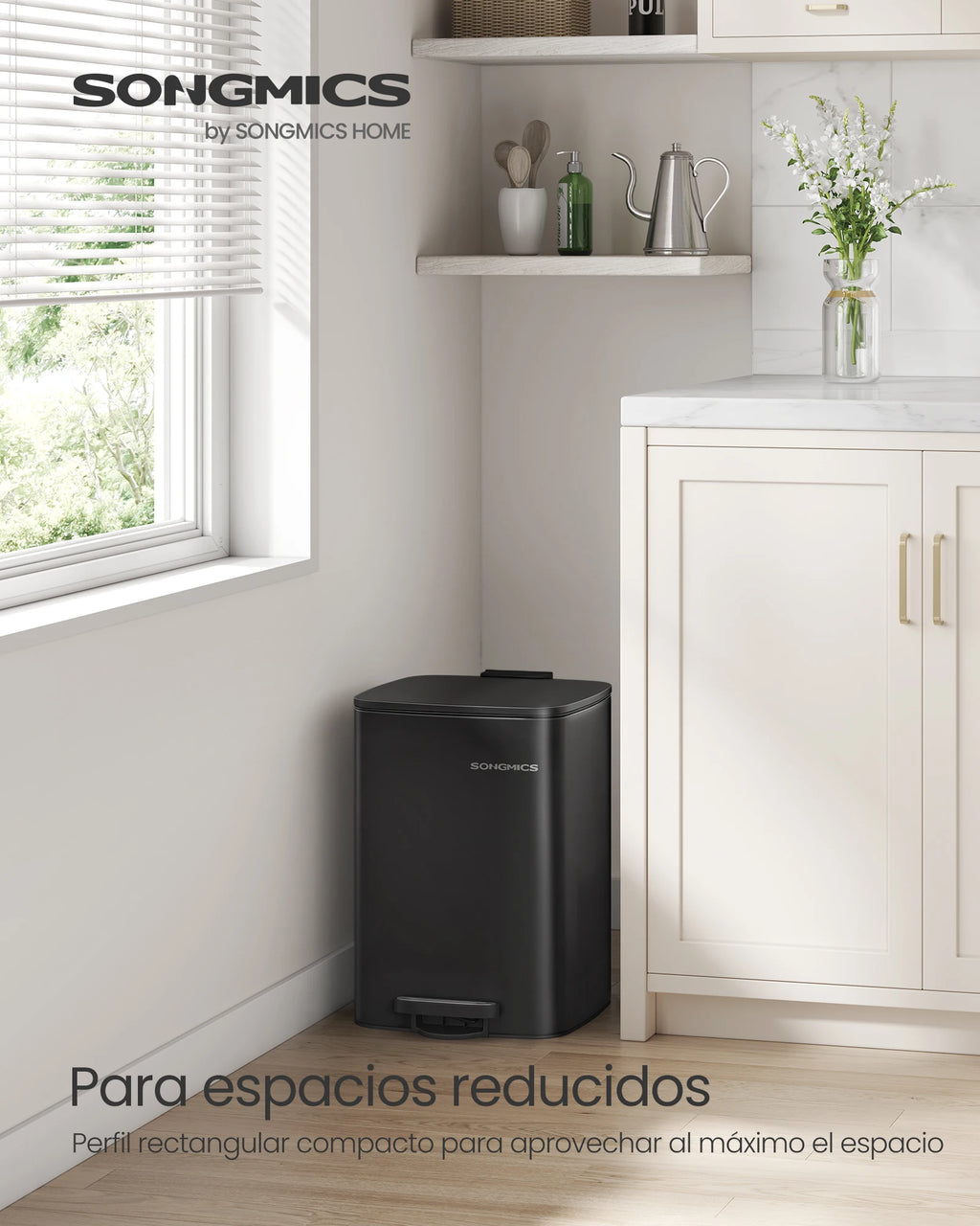 SONGMICS Cubo de Basura, Cubo de Basura de 20/30 L, Cubo de Basura de Cocina de Acero Inoxidable, con Cubo Interior, Cierre Suave y Permanece Abierto, Beige Arena/Negro Tinta/Plata Metálico/Azul Medianoche/Blanco Nube