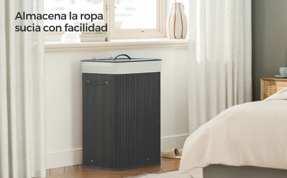 SONGMICS Cesto de la Ropa Sucia con Tapa, 72 L, Cesto de Lavandería de Bambú, Plegable, con Bolsa Lavable Extraíble, Asas, para Lavandería, Dormitorio, Gris/Natural/Negro/Blanco