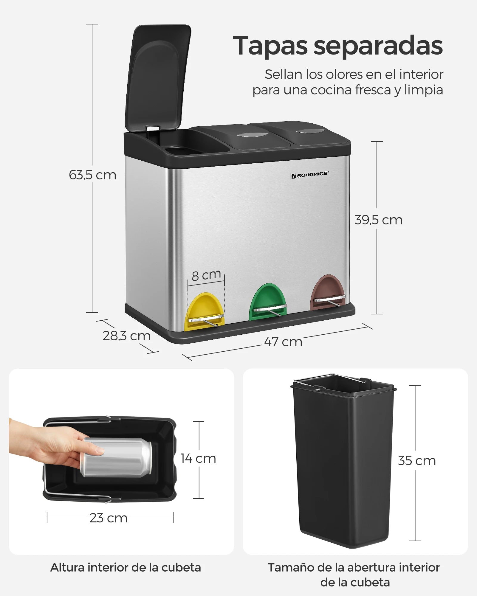 SONGMICS - Papelera de cocina, 3 x 8 L, con tapas, basura triple de acero para pequeñas familias, pedales y cuartos, fácil de limpiar, Plata y Negro/Blanco Crema y Marrón/Blanco Crema y Marrón/Negro/Blanco y Gris