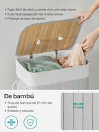 SONGMICS Cesto de la Ropa Sucia con Tapa, 72 L, Cesto de Lavandería de Bambú, Plegable, con Bolsa Lavable Extraíble, Asas, para Lavandería, Dormitorio, Gris/Natural/Negro/Blanco