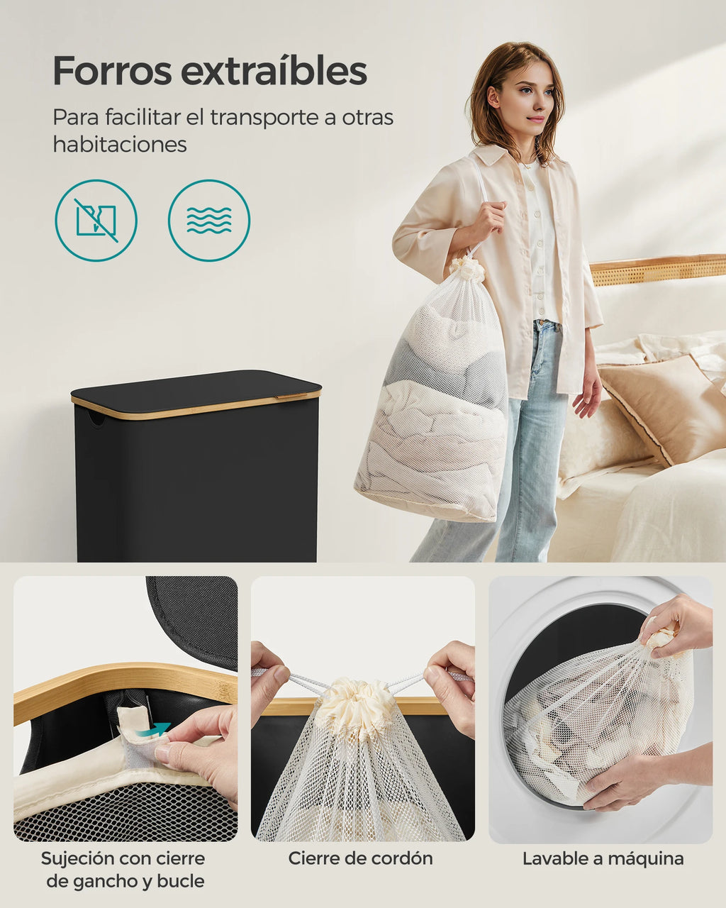 SONGMICS Cesto de Ropa Sucia con Tapa, Gran Cesta Colada de 2 Secciones, 130 L/65 L, Forro de Malla Extraíble, Tejido Oxford, Asas Bambú, Plegable, 52 x 38,5 x 70,5 cm/42 x 22,5 x 70,5 cm, Negro Tinta/Gris Paloma/Blanco Cre