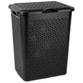 Tradineur - Cesto para ropa sucia con tapa y asas, pongotodo de plástico, cubo para colada, imitación de mimbre, fabricado en España (Negro - 38 litros - 49 x 38,5 x 29,5 cm)