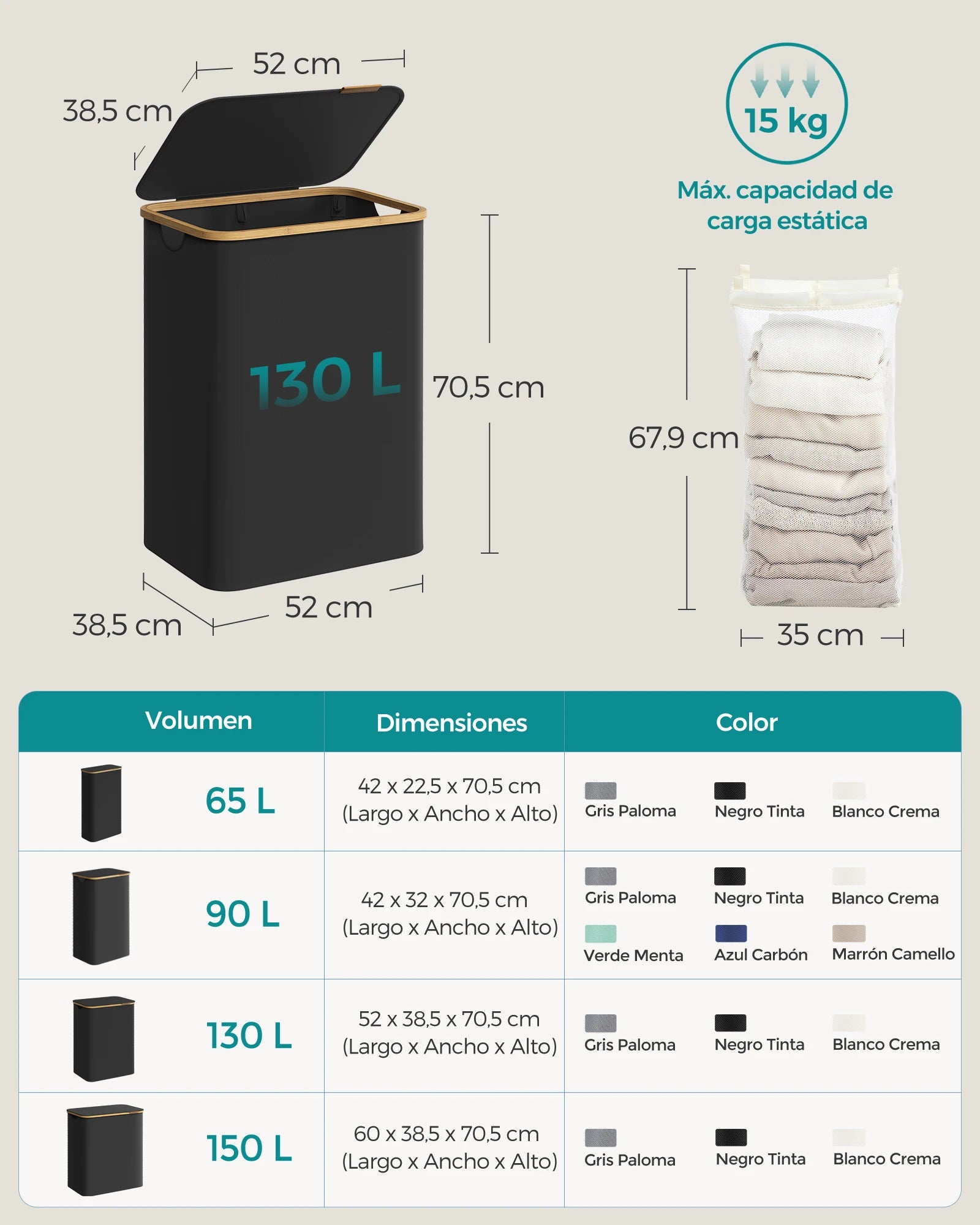 SONGMICS Cesto de Ropa Sucia con Tapa, Gran Cesta Colada de 2 Secciones, 130 L/65 L, Forro de Malla Extraíble, Tejido Oxford, Asas Bambú, Plegable, 52 x 38,5 x 70,5 cm/42 x 22,5 x 70,5 cm, Negro Tinta/Gris Paloma/Blanco Cre