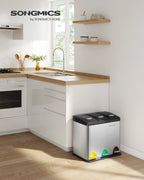 SONGMICS - Papelera de cocina, 3 x 8 L, con tapas, basura triple de acero para pequeñas familias, pedales y cuartos, fácil de limpiar, Plata y Negro/Blanco Crema y Marrón/Blanco Crema y Marrón/Negro/Blanco y Gris