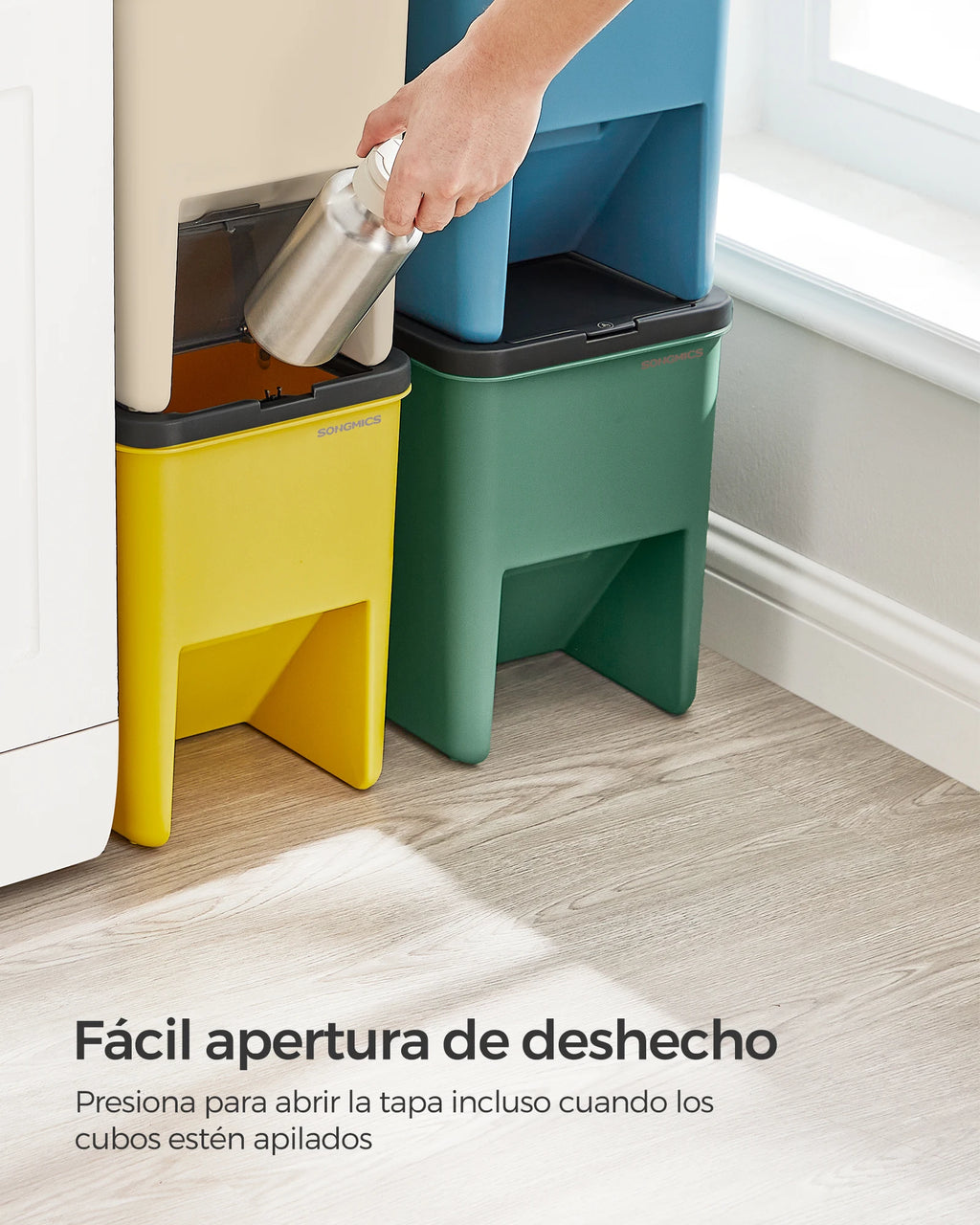SONGMICS Cubo de Basura, Juego de 4 Cubos Apilables, 20 L Cada, Sistema de Separación Residuos, Tapas Apertura a Presión, con Pegatinas, Cubo de Almacenaje, Amarillo, Azul, Beige y Verde
