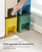 SONGMICS Cubo de Basura, Juego de 4 Cubos Apilables, 20 L Cada, Sistema de Separación Residuos, Tapas Apertura a Presión, con Pegatinas, Cubo de Almacenaje, Amarillo, Azul, Beige y Verde