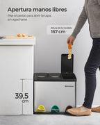 SONGMICS - Papelera de cocina, 3 x 8 L, con tapas, basura triple de acero para pequeñas familias, pedales y cuartos, fácil de limpiar, Plata y Negro/Blanco Crema y Marrón/Blanco Crema y Marrón/Negro/Blanco y Gris