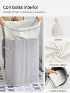 SONGMICS Cesto de la Ropa Sucia con Tapa, 72 L, Cesto de Lavandería de Bambú, Plegable, con Bolsa Lavable Extraíble, Asas, para Lavandería, Dormitorio, Gris/Natural/Negro/Blanco