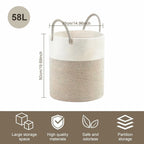 Cesta de Ropa Sucia de Cuerda de Algodón 58L | Cesto de Lavandería Plegable con Asas Reforzadas | Canasta Organizadora para Mantas, Juguetes y Dormitorio (38 × 50 cm)