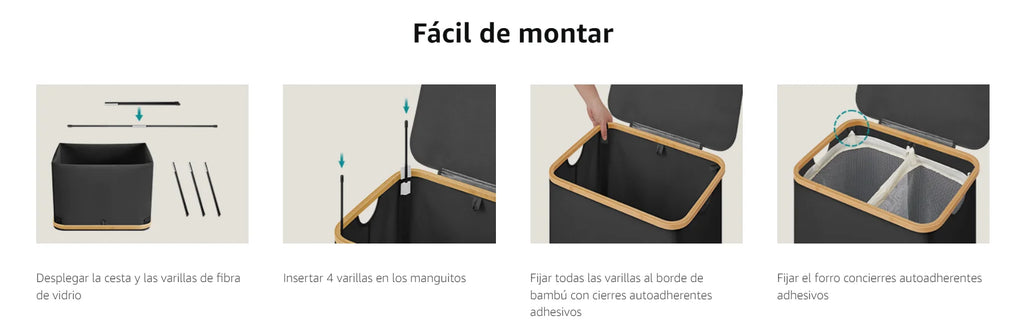 SONGMICS Cesto de Ropa Sucia con Tapa, Gran Cesta Colada de 2 Secciones, 130 L/65 L, Forro de Malla Extraíble, Tejido Oxford, Asas Bambú, Plegable, 52 x 38,5 x 70,5 cm/42 x 22,5 x 70,5 cm, Negro Tinta/Gris Paloma/Blanco Cre