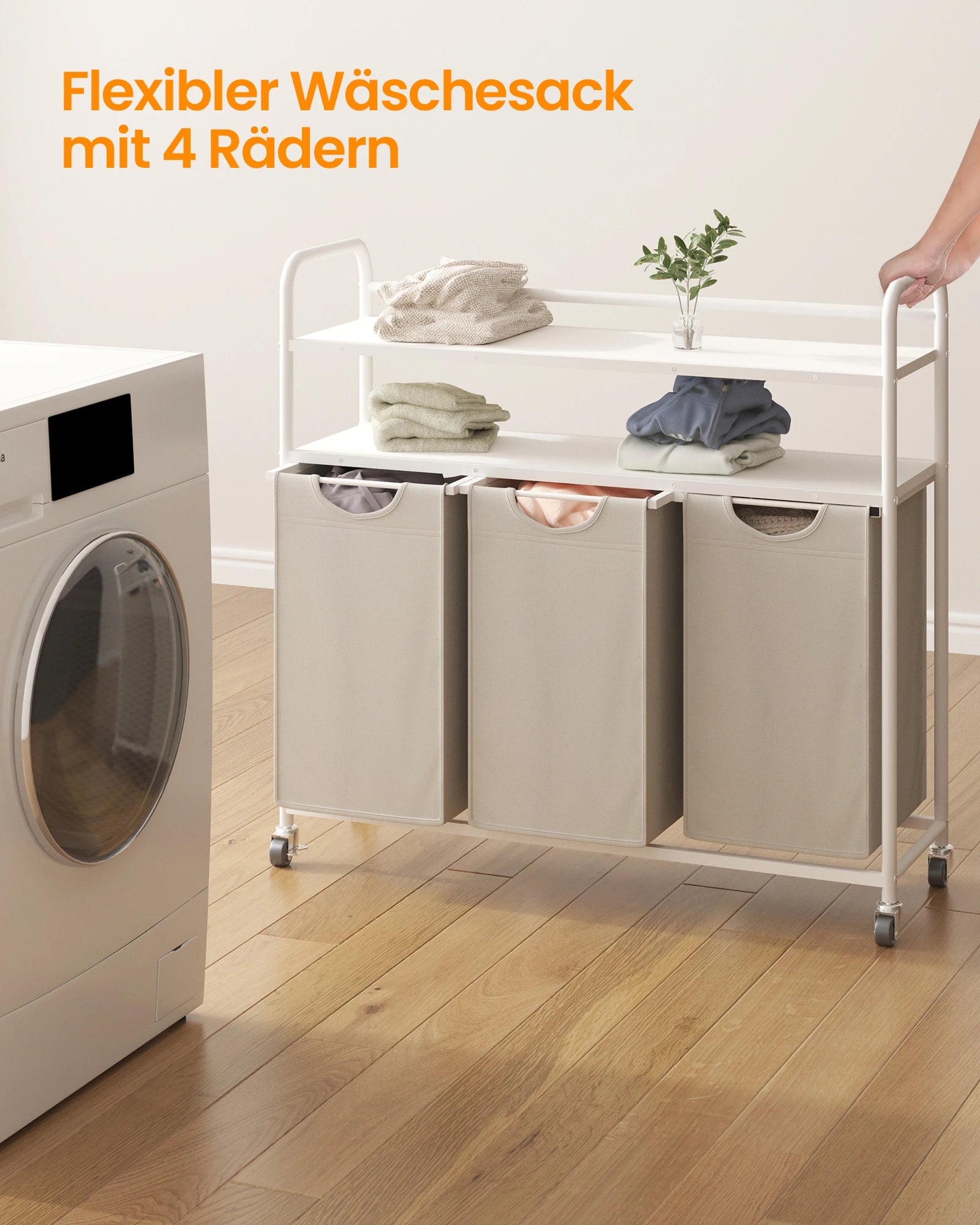 Hzuaneri Cesto para la colada 3 compartimentos, 3 x 46 L, Colector de ropa con 2 estantes, Clasificador de ropa, Bolsa para la colada extensible