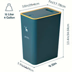 Cubo de basura para baño, cubo de basura de 15L con tapa superior de prensa para cocina, dormitorio, sala de estar, papelera de plástico con tapa emergente, 1 ud.